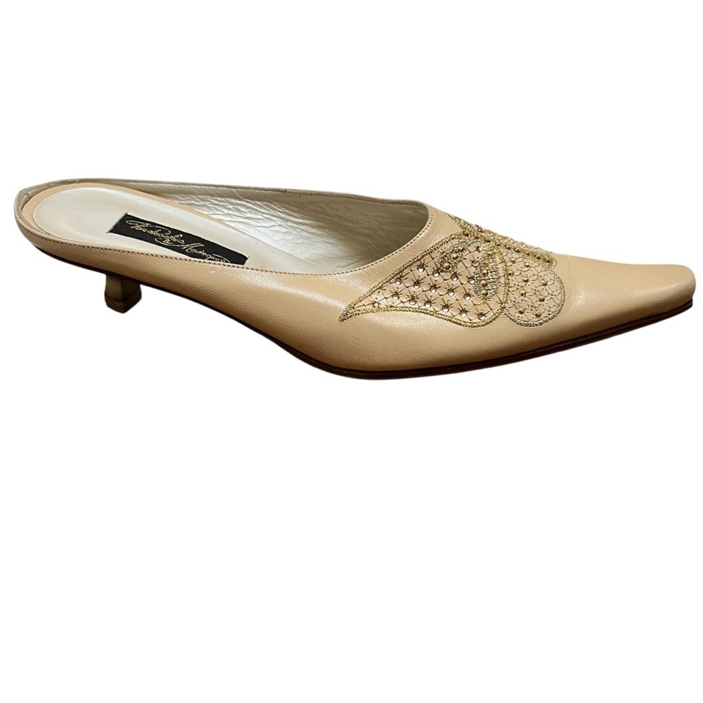 New Verdecchia & Mainqua Cream Mules Embroidered Butterfly Kitten Heel Italy 9.5